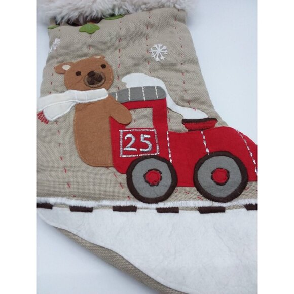 Pottery Barn Kids Hudson Woodland Bear Train Christmas Holiday Stocking Quilted - Picture 3 of 10